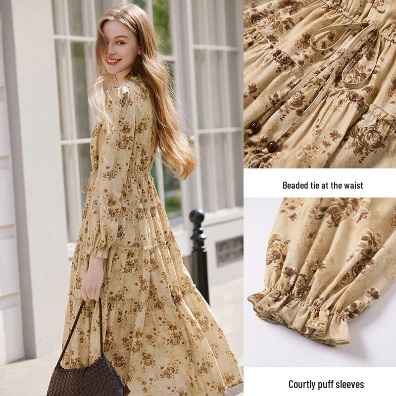 Xiangying French V-Neck Floral Puff Sleeve Dress