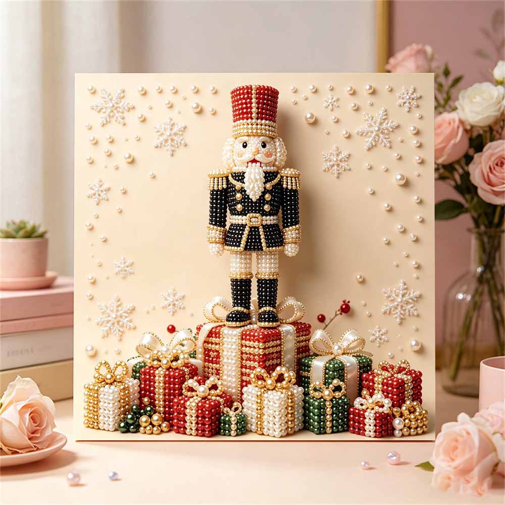 Framed Pearl Art DIY Kit with Christmas Nutcracker and Gift Boxes 3D Sparkling Bead Canvas Painting Handmade Gift for Home Decoration