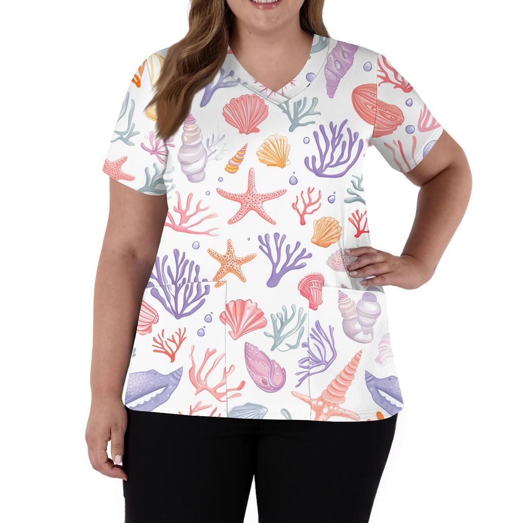 Damenmode V-Ausschnitt Kurzarm Overalls mit Taschen Print Tops Kleidung