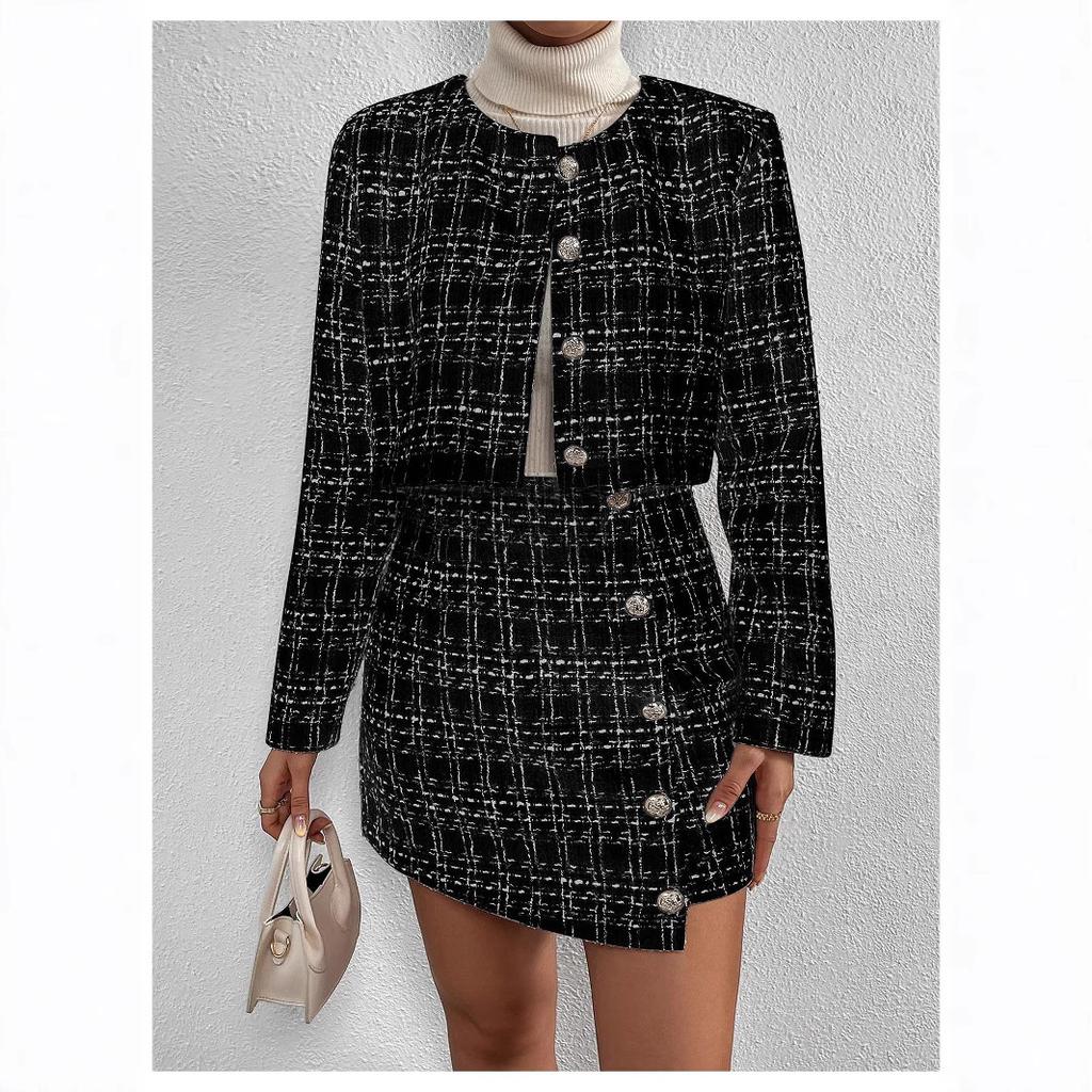 Pink Tweed Two Piece Set Long Sleeve Cropped Jacket High Waist Mini Skirt Gold Buttons