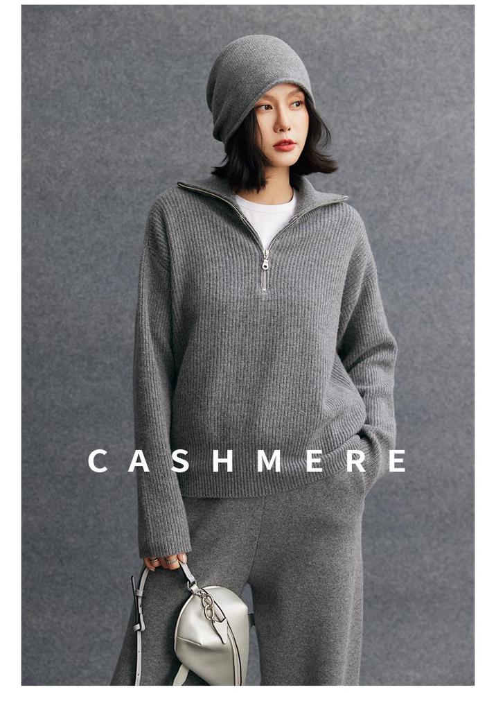 Women's Cashmere Zipper Sweater - Half-High Collar, Autumn/Winter Loose Knit, Casual Thick Outerwear
