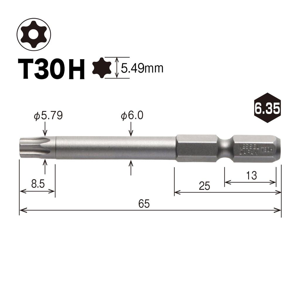 VESSEL Torx Bit T30H X 65mm Set of 10 V ZP