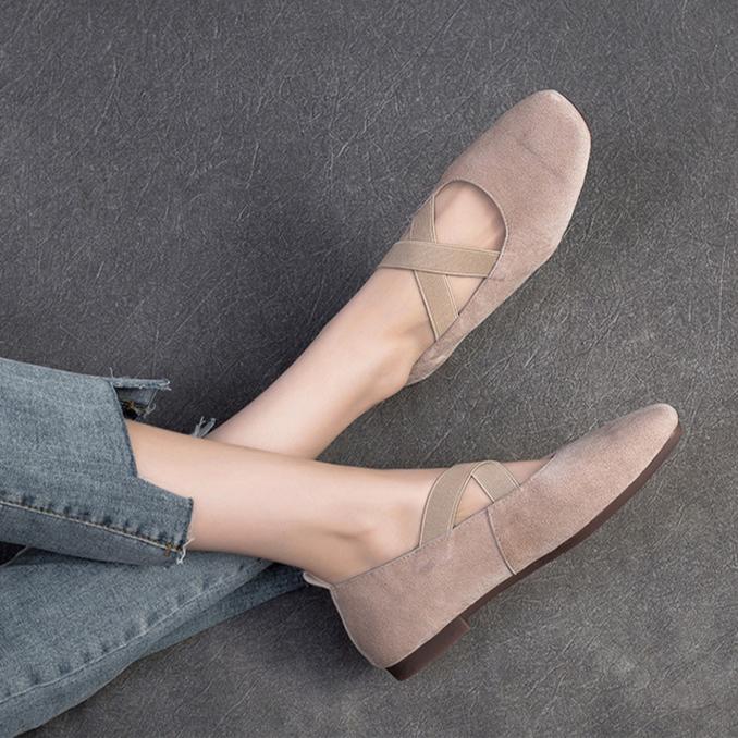 Johnature Cross Strap Square Toe Solid Color Flat Casual Comfortable Soft Sole Women's Slip-on Shoes