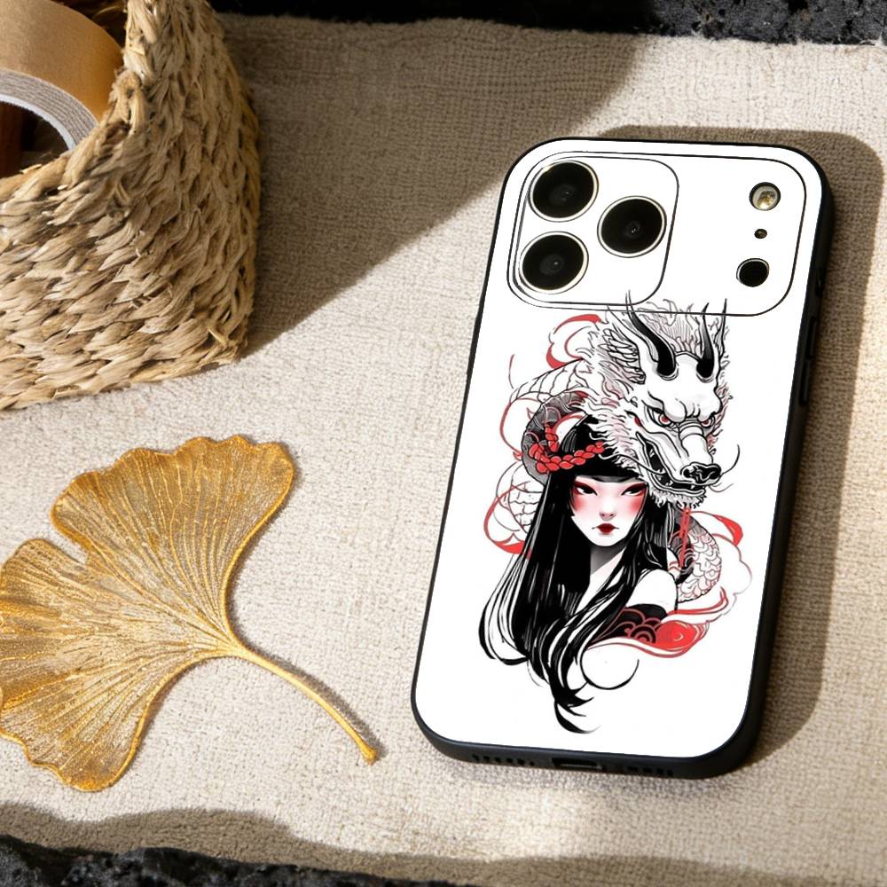 Japanese Samurai Geisha Phone Case For iPhone 17,16,15,14,13,12,11 X XR Plus,Soft Silicone Black Cover