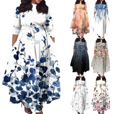 Moda casual feminina tamanho grande estampa floral gola redonda manga três quartos bolso alças vestido swing