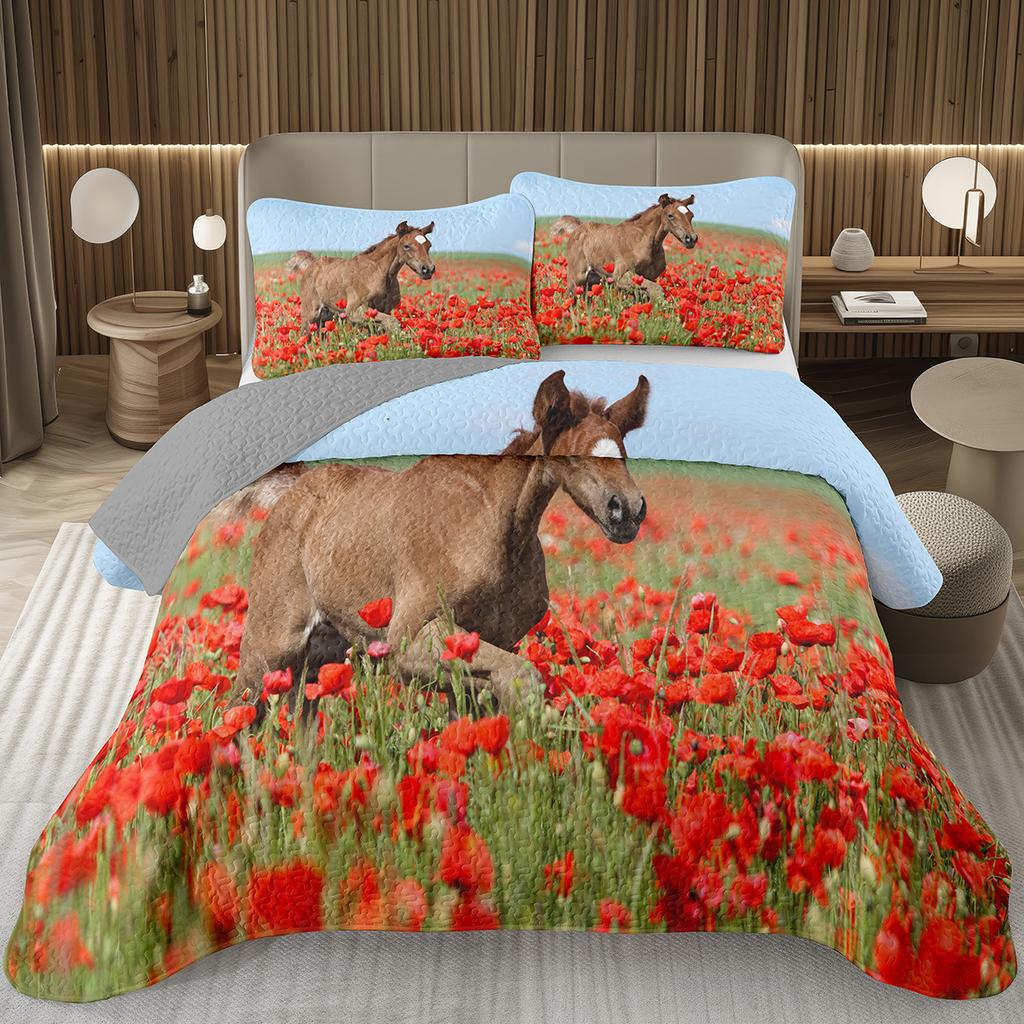 Running Wild Horses Print Quilted Bedspread Coverlet 2/3-Piece Rustic Bedding Set Reversible Lightweight Quilt Set Queen/Full