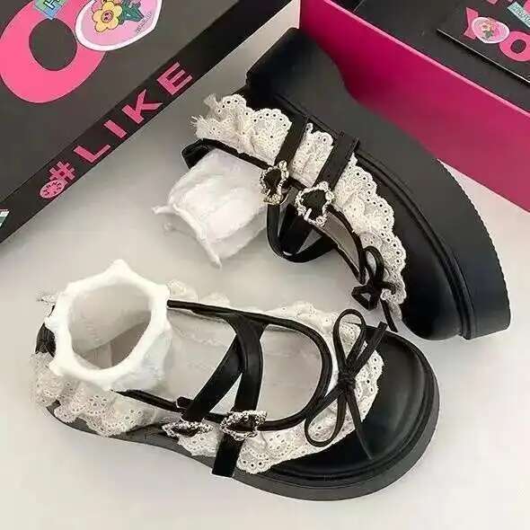 

Women Lolita Shoes Girls Mary Jane Shoes with Bow Knot Lace Trim PU Leather Round Toe Mid Heel Korean Style Thick Sole Shoes 39EU/CN40 чорний