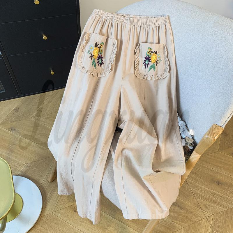 Japanese Mori Girl Embroidered Cotton Linen Wide Leg Cropped Pants - Slimming, Loose, Casual Summer Wear L