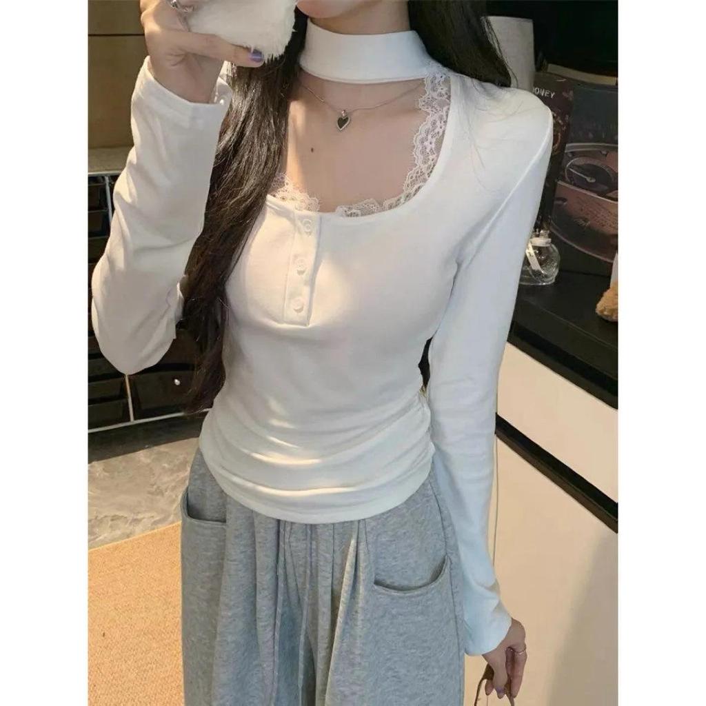 Koreanischer Stil Neckholder Quadratischer Ausschnitt T-Shirt für Damen - 2025 Herbst/Winter Amerikanische Nische Einfarbig Spitze Patchwork Trendiges Oberteil