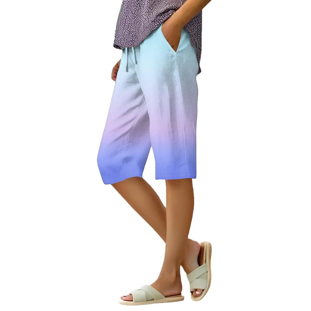 Women's Summer Elasticated Tie Waist Gradient Colour Cotton Linen Loose Shorts
