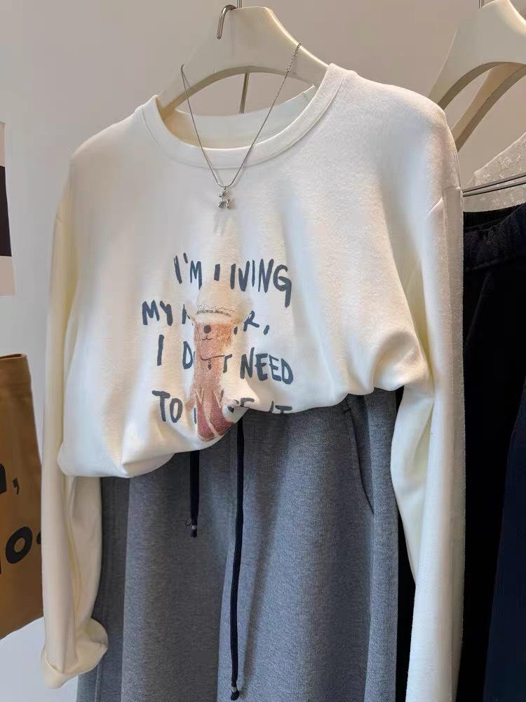 

Dog-in-Hat Print Plush Round Neck Long Sleeve T-Shirt - Women s Casual Loose Fit Top XL темно-серого