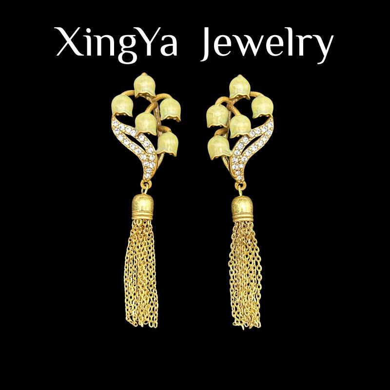 Vintage Handmade Enamel Bell Orchid Tassel Style Elegant Versatile Earrings Daily Use