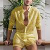 Traje Sexy de Encaje Calado Moda Camisa de Manga Larga Shorts Casuales Ropa de Hombre Traje a Juego Color Sólido Traje de Verano para Hombre