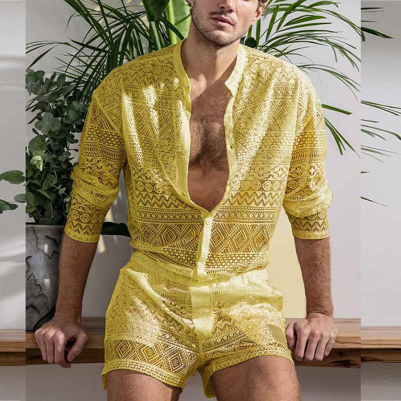 Traje Sexy de Encaje Calado Moda Camisa de Manga Larga Shorts Casuales Ropa de Hombre Traje a Juego Color Sólido Traje de Verano para Hombre