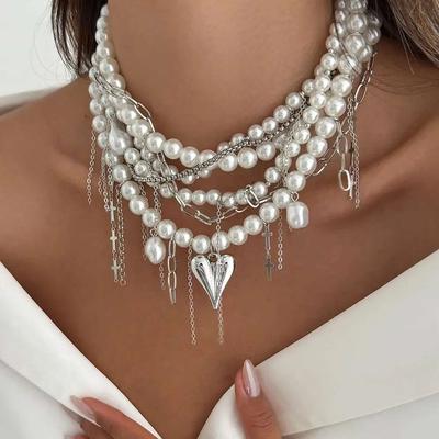 PuRui Fashion Luxury Multi Layer Imitation Zircon Short Necklace Women Heart Pendant Clavicle Chain Party Banquet Y2K Zircon