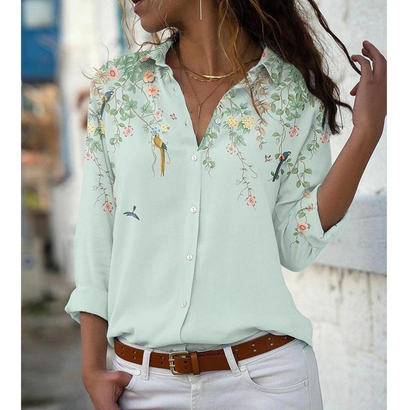 Camicia Stampata a Maniche Lunghe Casual da Donna Primavera Larga Vintage Bluse Top da Donna Moda Ufficio Bottoni Camicie da Donna Bluse