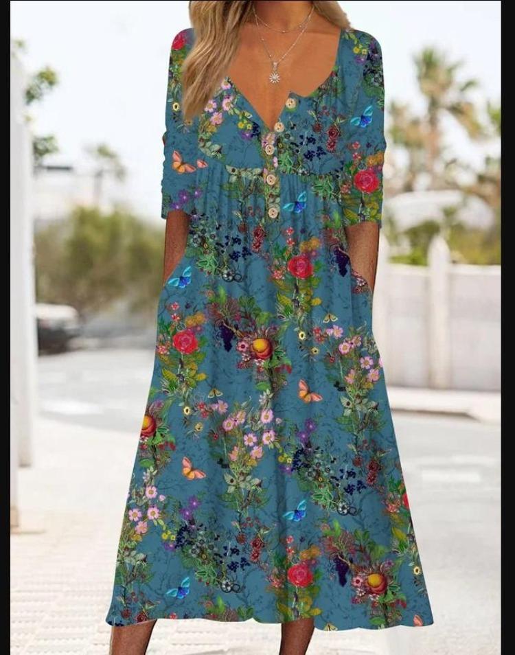 Buttoned Maxi Dress with Pocket Printed Cardigan Style Womens Dress