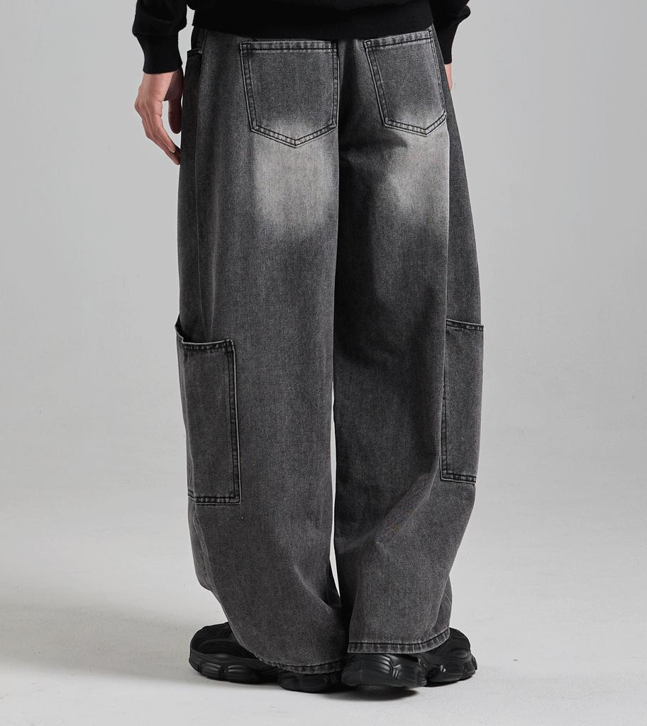 Beoteunseoul Out-Pocket Curved Volume Denim Pants (Dark Gray)
