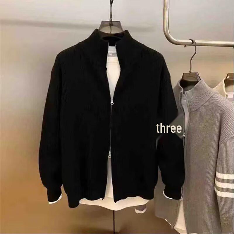 

Men s Color-Block Knit Cardigan Jacket - Striped Stand-Up Collar, Autumn Winter Fashion, Korean Style Casual Sweater XL чорний