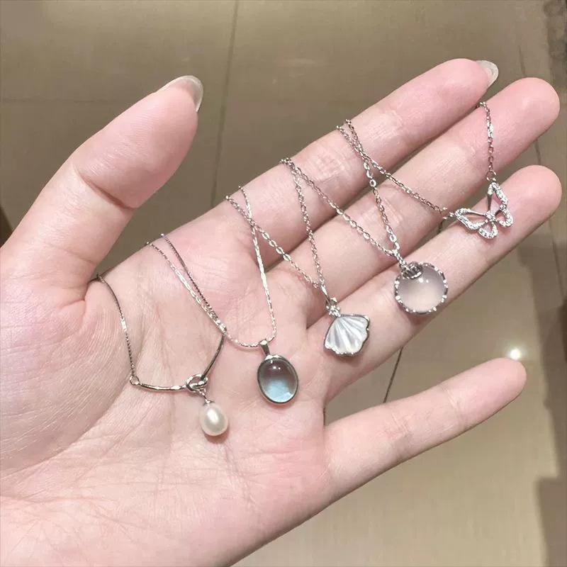 Silver Moonlight Stone Necklace Butterfly Shell Necklace For Women, Girls, Geometry Minimalism, Office Jewelrye Gift