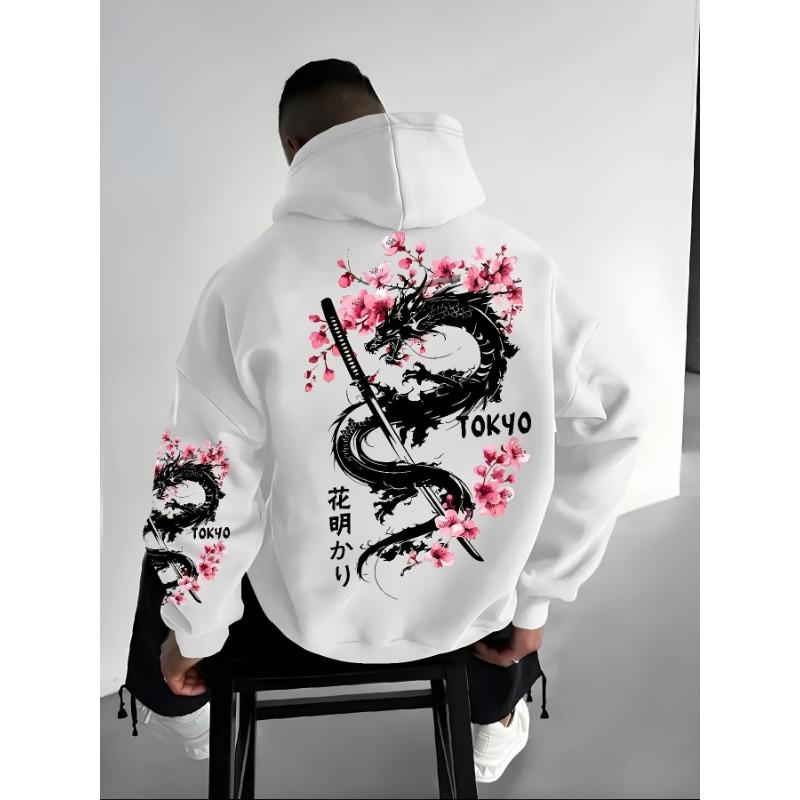 Men's Anime-style Dragon-patterned Cherry Blossom Print Hooded Pullover for Winter Warmth, Loose and Casual Style