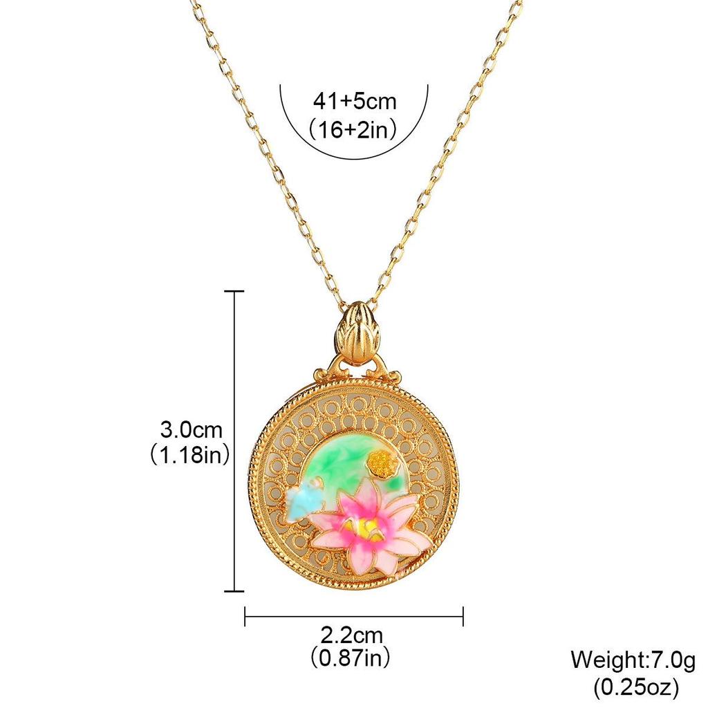 Chinese Lotus Enamel Pendant Necklace: Vintage Style, Hollow Design, Clavicle Chain, High-End.