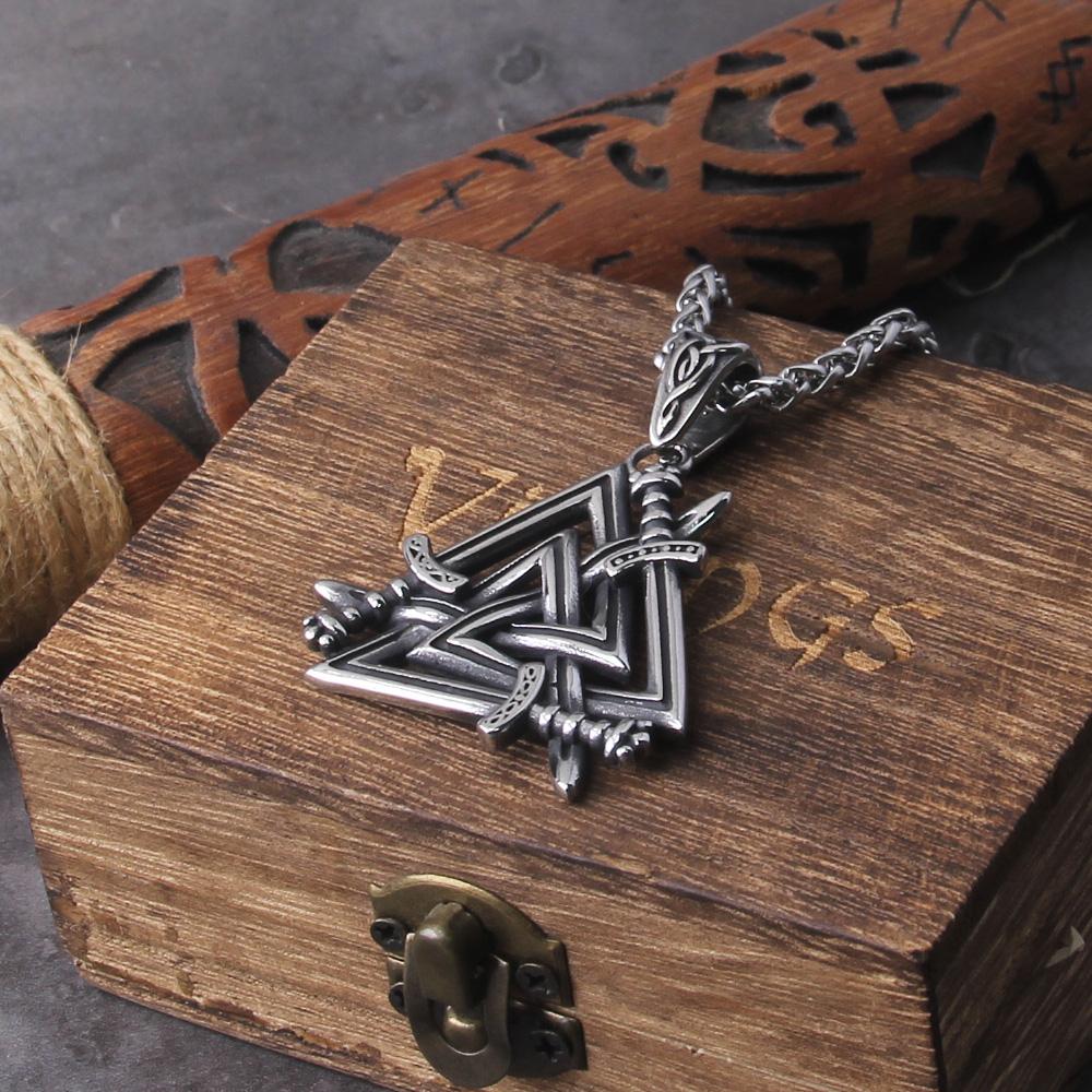 Stainless Steel Sword Valknut Necklace Viking Jewelry for Men Packed In Wooden Gift Box