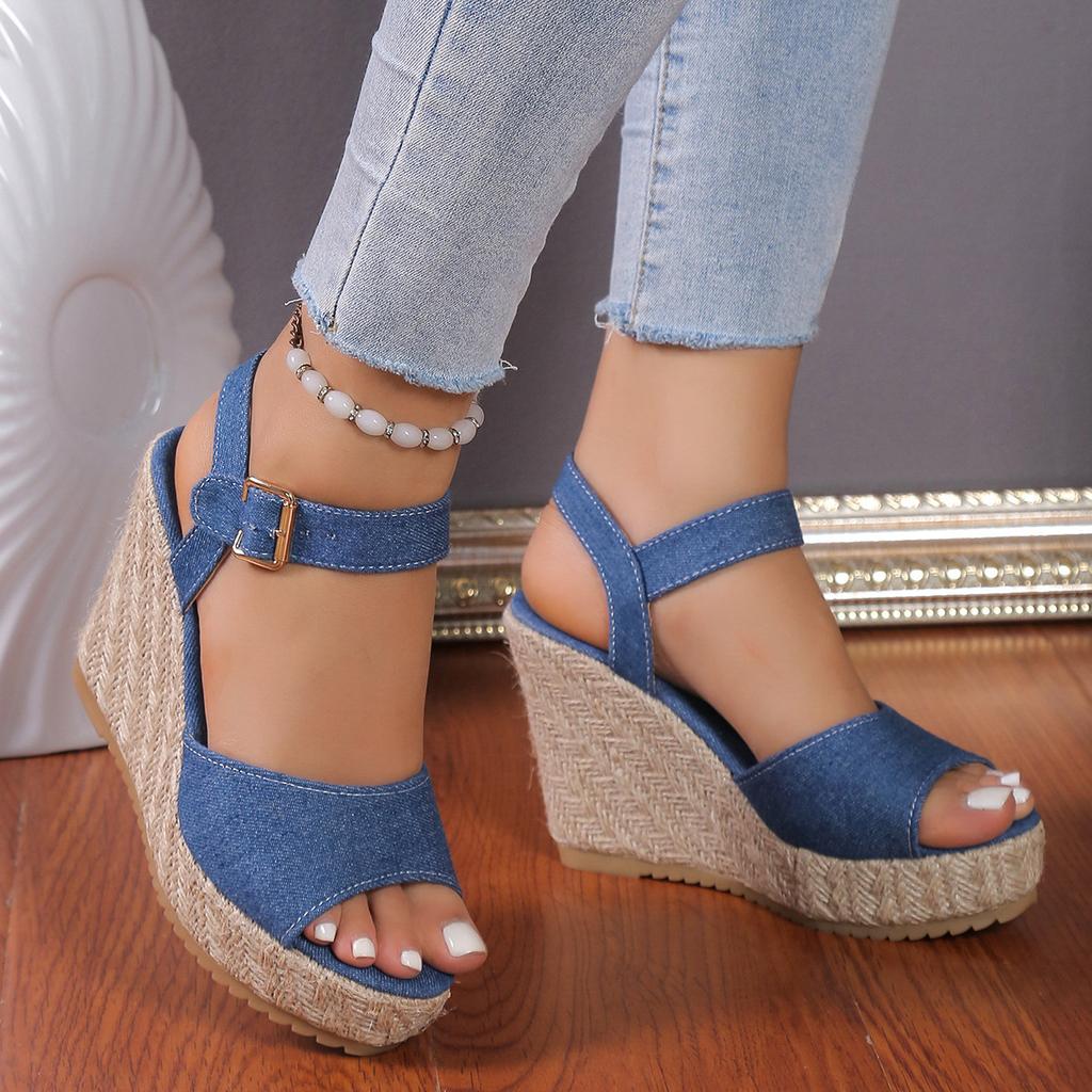 thick-soled wedge heel women's sandals women's high heels small open-toed summer muffin and one-word buckle strap women's shoes