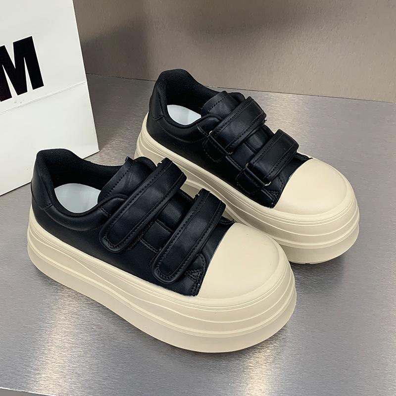 Ugly Cute Leather Velcro Thick-soled Little White Shoes Women's 2025 Autumn New Models Increase Height and Show Feet, Small Board Shoes, Big Head Sho