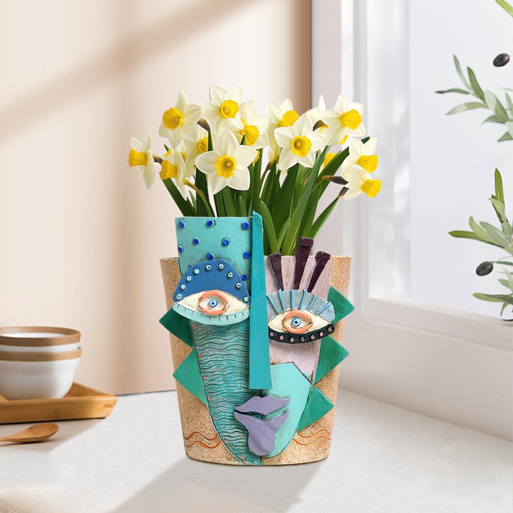Barevný abstraktní květináč s obličejem a květinami pro vnitřní i venkovní rostliny Domácí zahradní umělecké dekorace Zábavná dekorativní hlava váza
