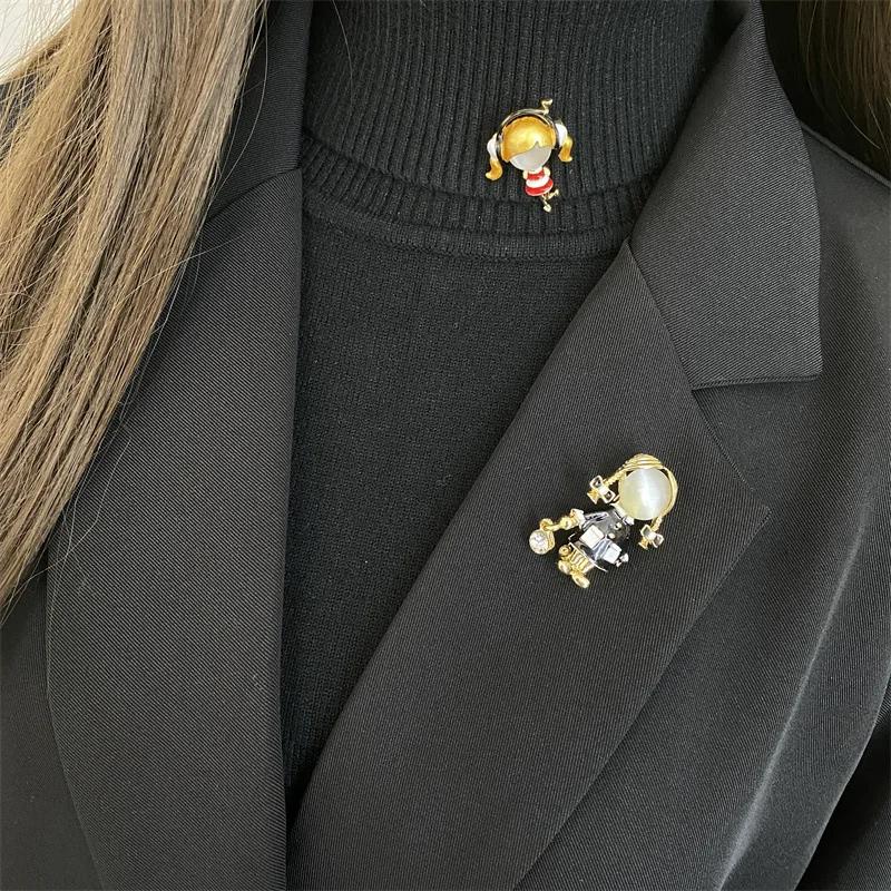 Small Cute Little Girl In Black Dress Nurse Brooches Rhinestone Crystal Brooch Pin Drop Oil Corsage Clothing Coat Jewelry
