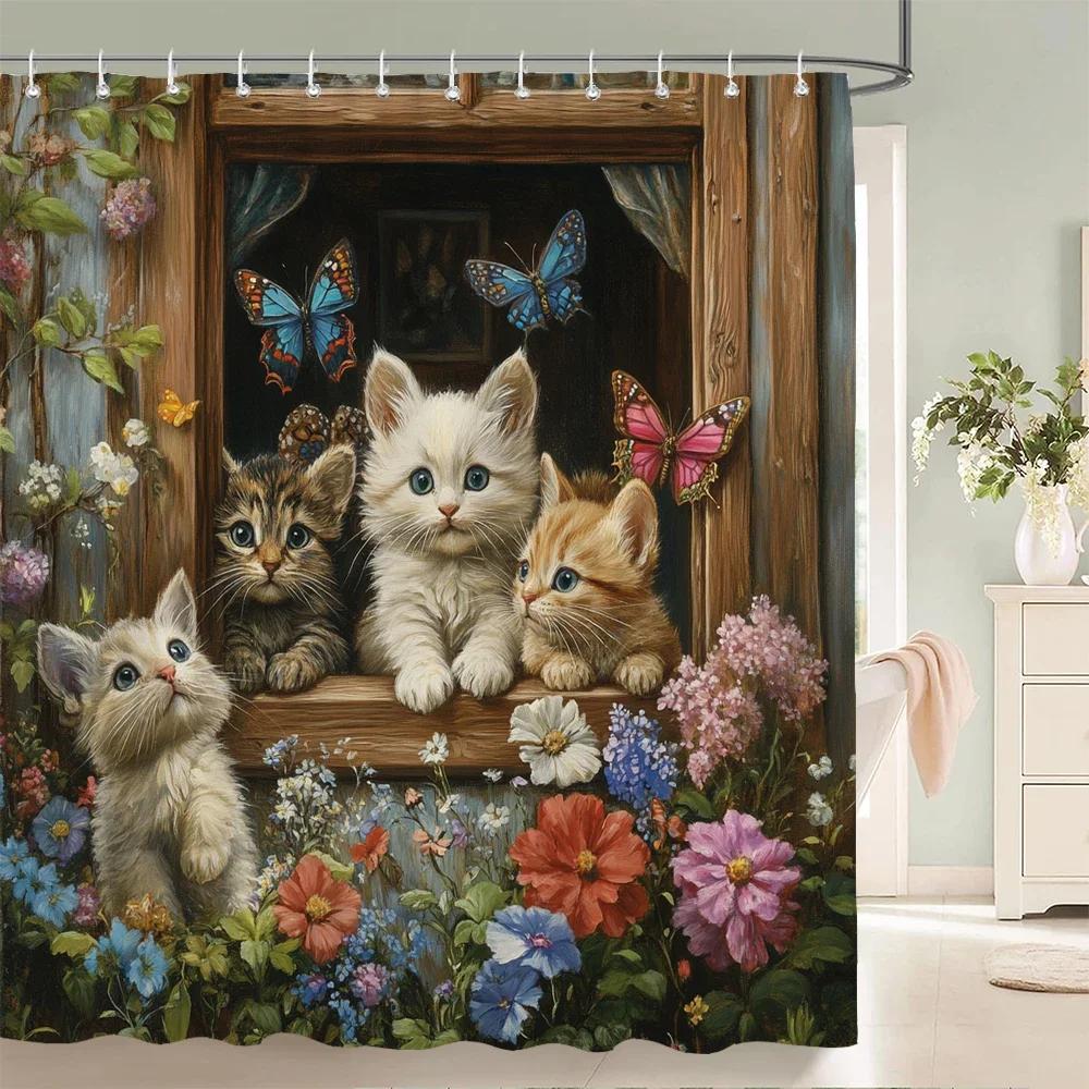 Lovely Cat and Dog Animal Shower Curtain Country Scenery Cats and Dogs Printing Bathroom Curtain With Hooks Home Decor Curtain