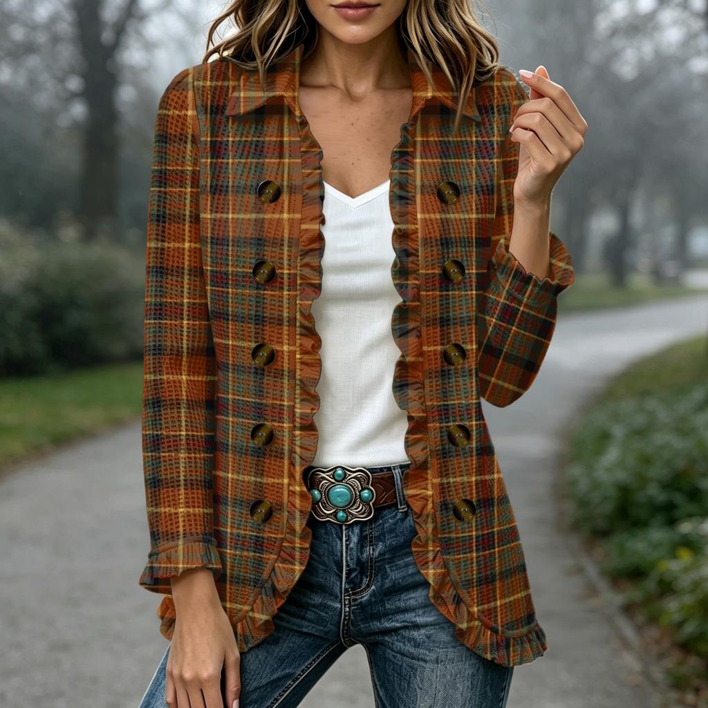 Women's Fashion Plaid Print Long Sleeve Ruffle Open Front Cardigan Outerwear for Everyday Wear