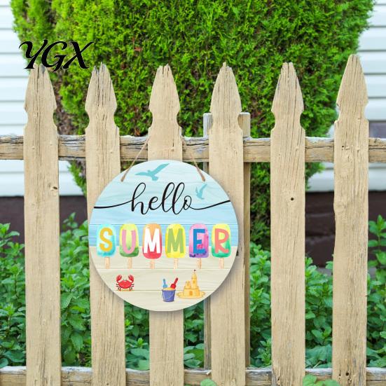 Tropical Wall Decor Hello Summer Door Sign, Ice Pop Flip Flop Welcome Hanger, Party Decoration Farmhouse Hanging Wooden Wreath for Front Home