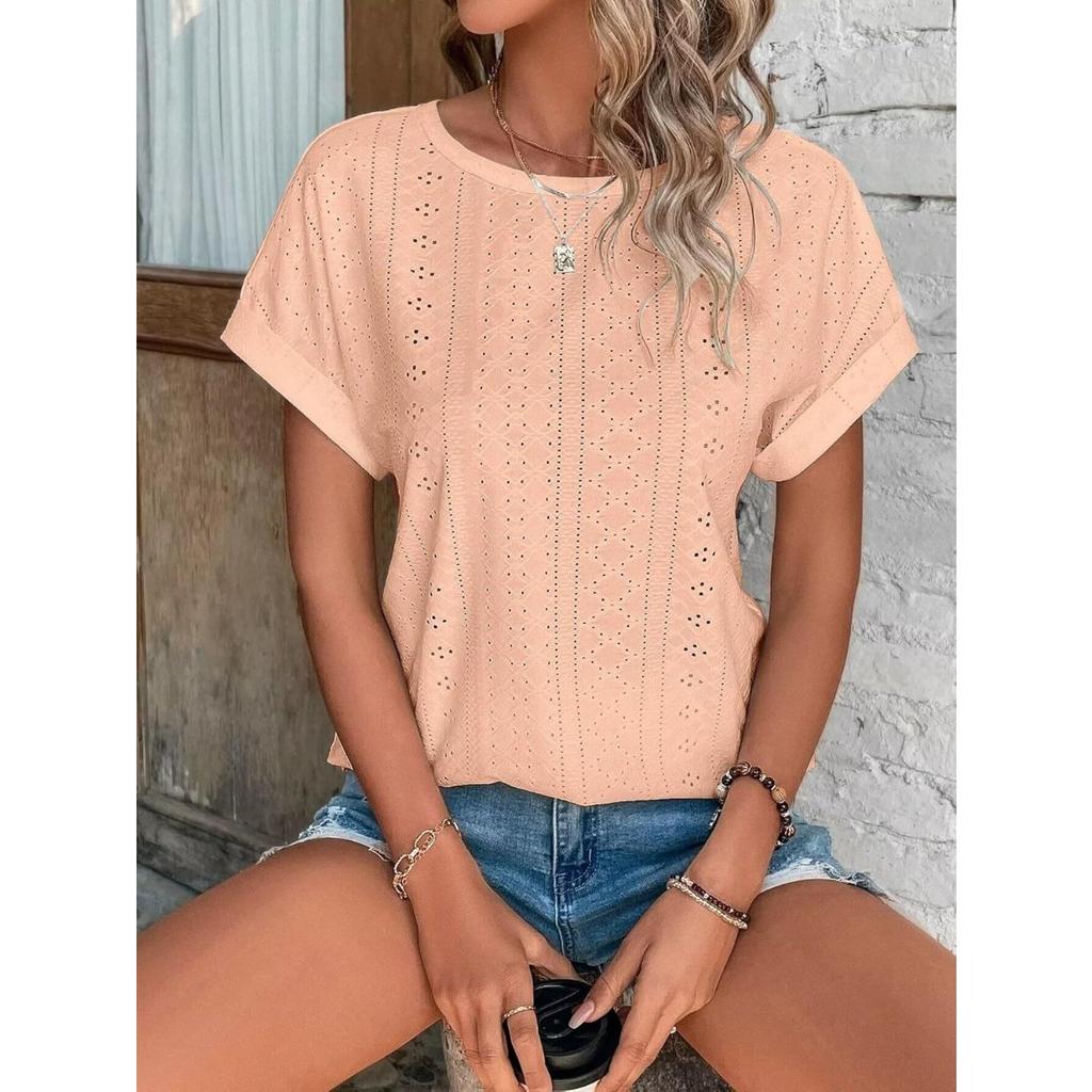Top Eyelets Summer Spring Curved Hem, Casual Women's Short Sleeved Fashionable T-shirt Beach Vacation Short Style