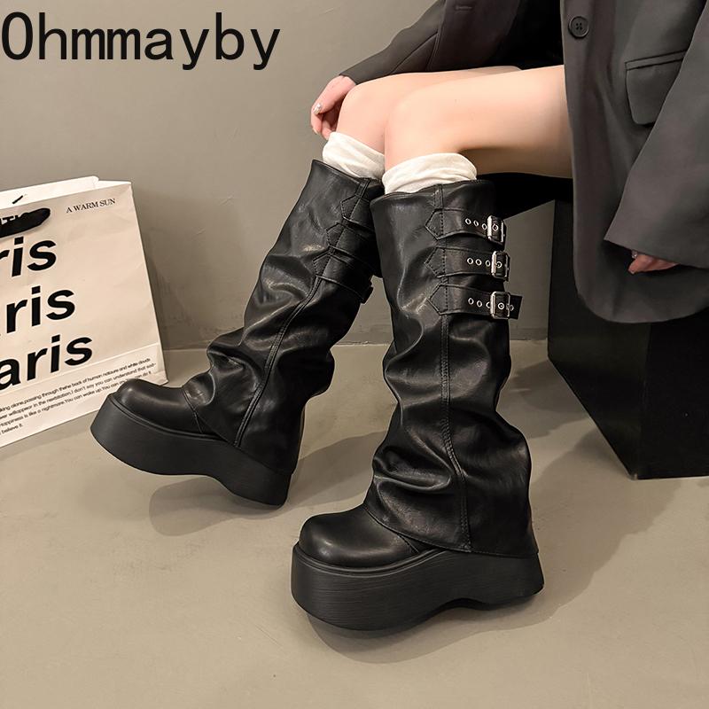 Punk Style Women Mordern Long Boots Fashion Platform Height Increase High Knight Booties Winter Shoes  De Mujer