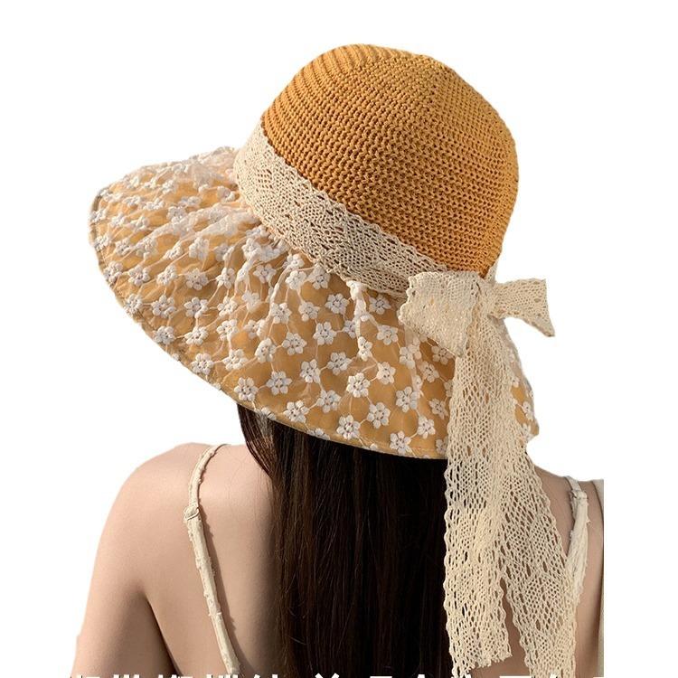 Summer new French lace bow bucket hat women's seaside trip beach sunshade sun hat