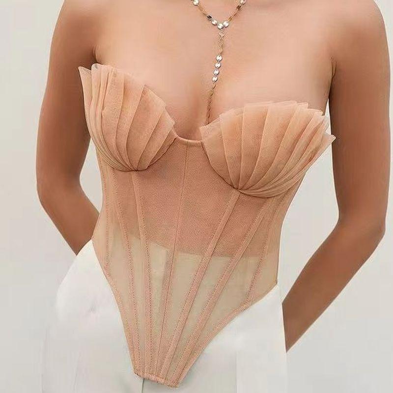 Transition Sexy Shell Pleated Zou Three-Dimensional Fishbone Back Strap Mesh Gentle Beauty Back Vest Flesh Color Inner Wear Blouse