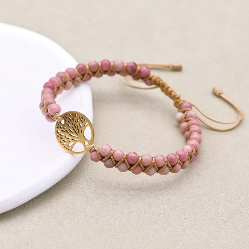 4mm Rhodonite Beads Double Layered Braided Women Men Handmade Jewelry Women Stainless Steel Tree of Life Charm Bracelet
