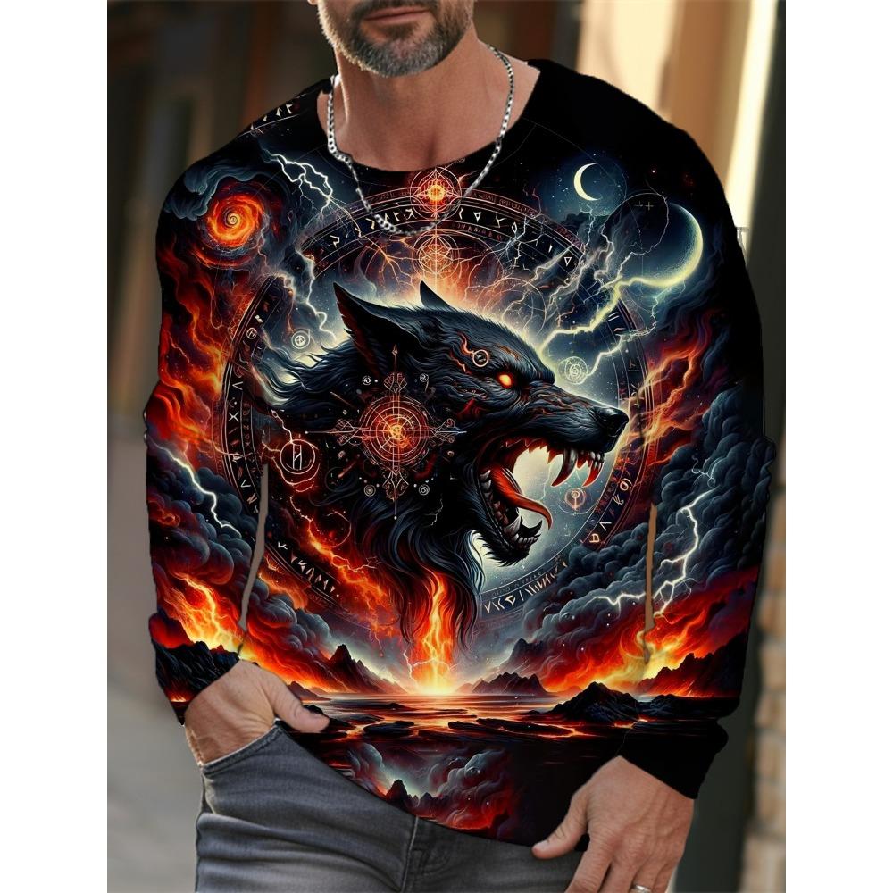 Long-sleeve 3D printed wolf pattern stylish T-shirt, men's street casual, round-neck trendy T-shirt