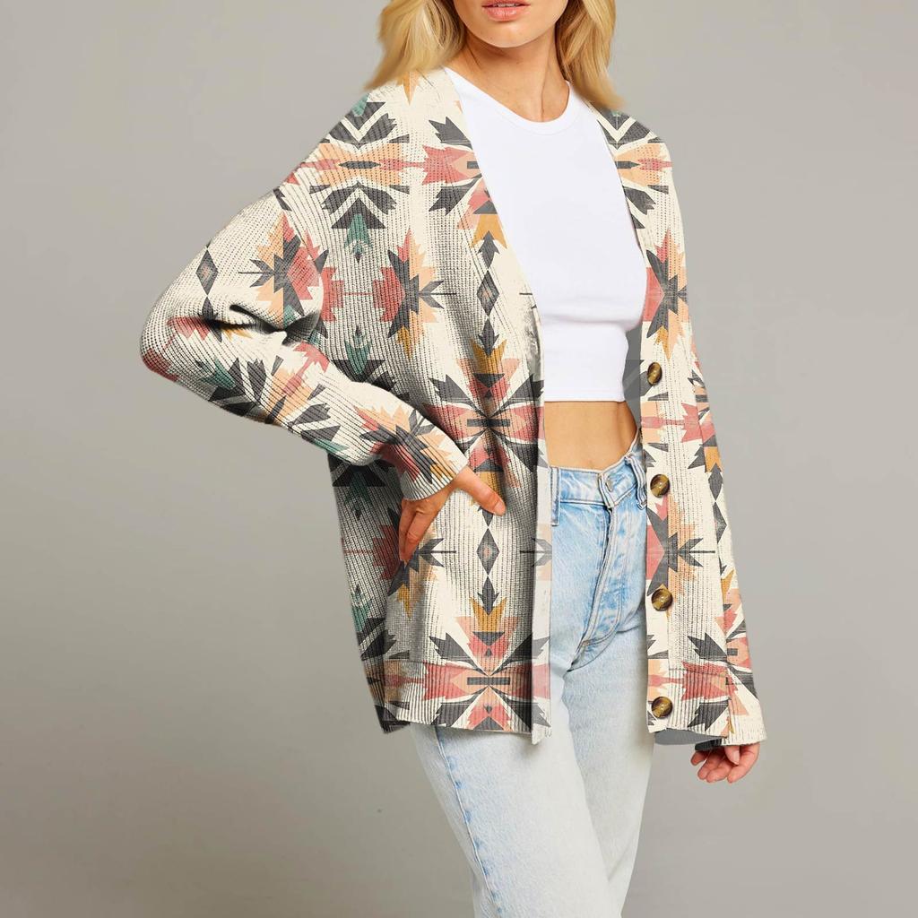 Women's Fashion Long Sleeve Christmas Print V-Neck Button Loose Cardigan Top