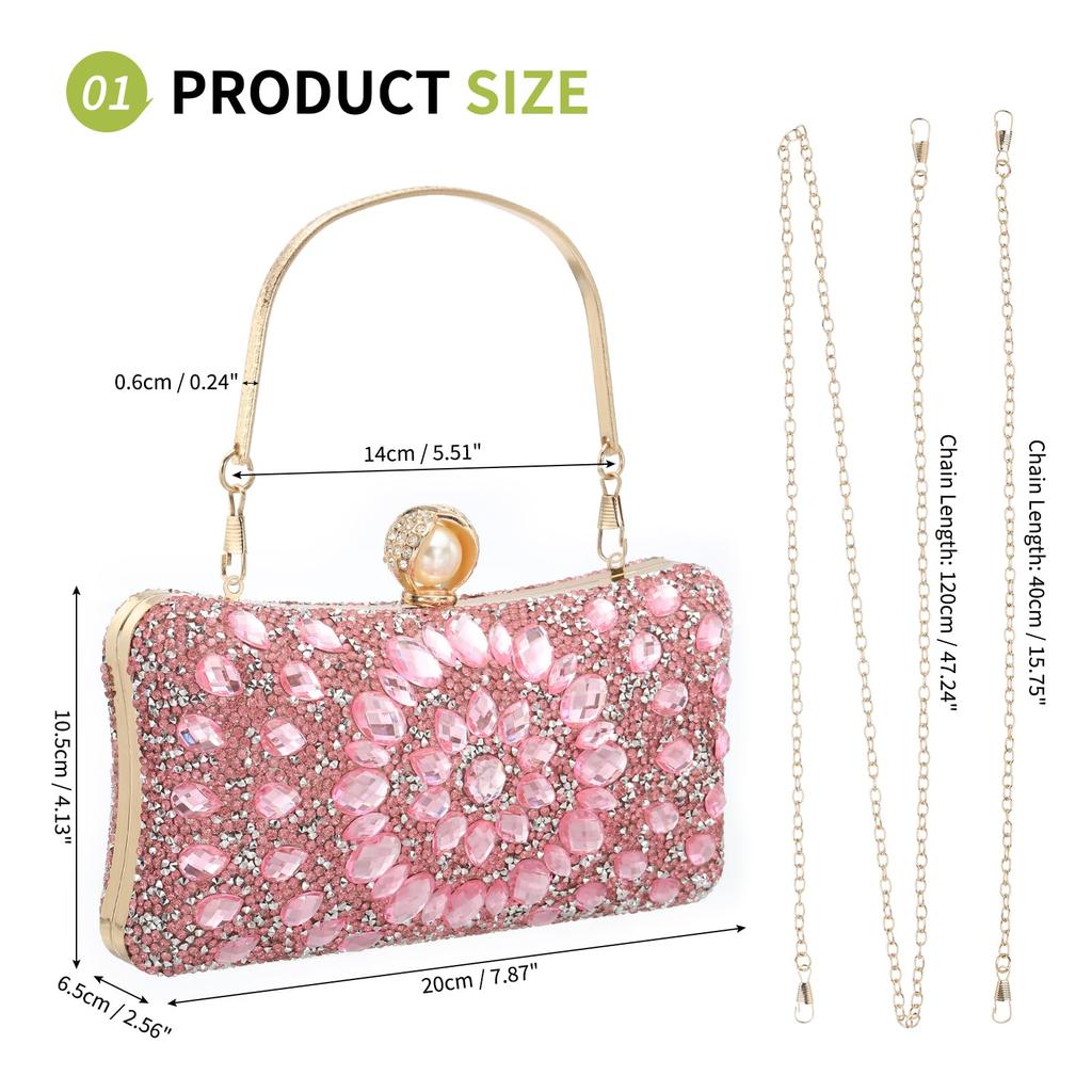 uxcell Evening Sparkling Crystal Rhinestone Clutch Bag with Two Chain Perfect for and Pink Women's Bag, Straps, Weddings, Evenings, Weekends,