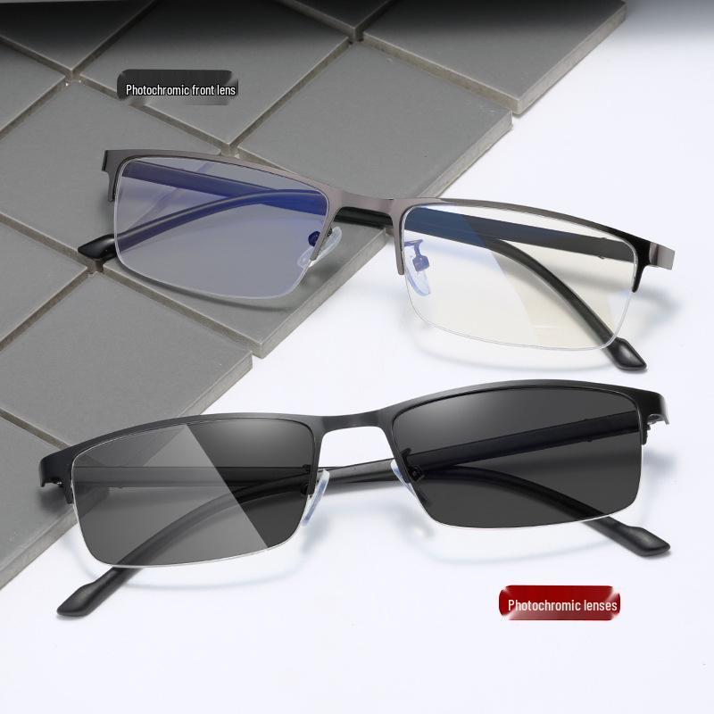 Men's Fashion Photochromic Half-Rim Metal Reading Glasses: Indoor/Outdoor Dual-Use with Anti-Blue Light Protection