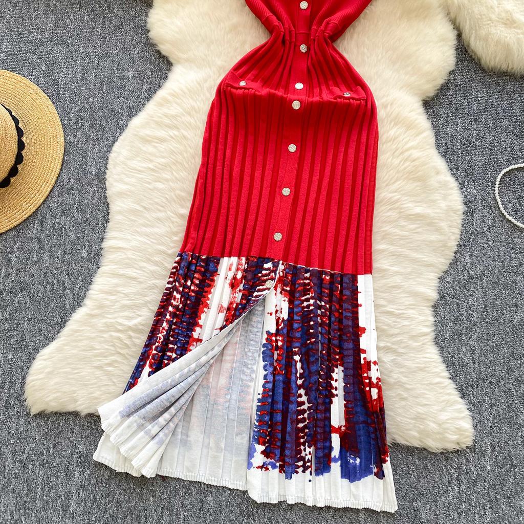 Summer Women Sleeveless Print Designer Runway Dress Single Breasted Knitted Sweater Dresses