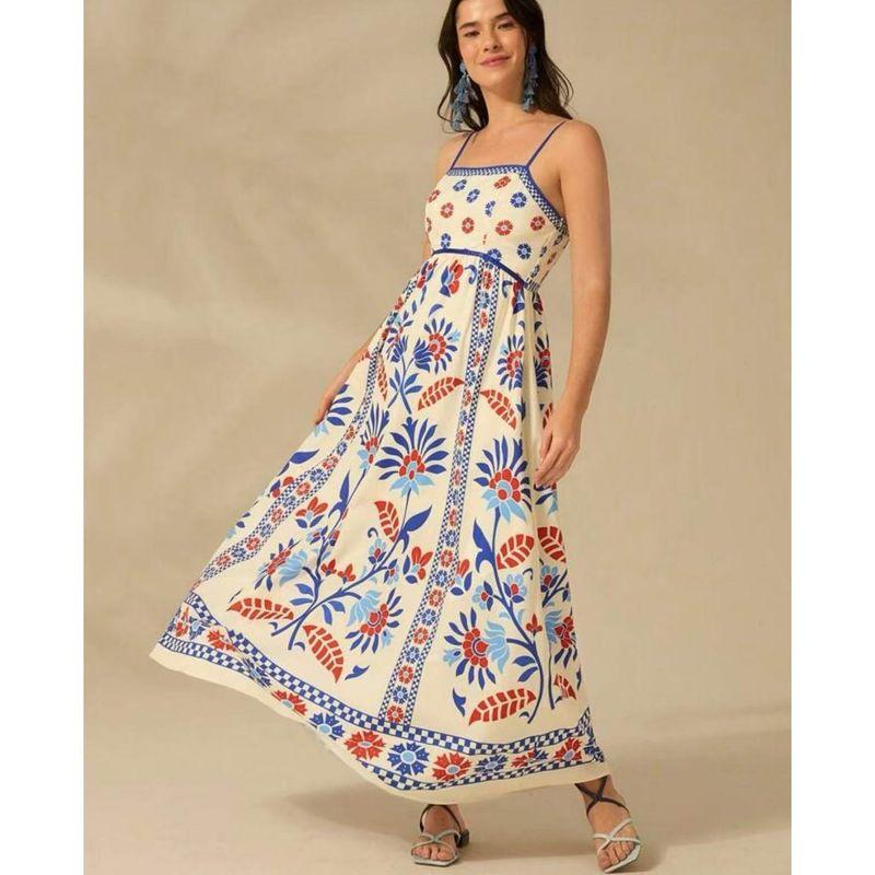 

European American Summer New Florals Printing Slip Dress Vacation Style Women s Clothing Red and Blue 2XL