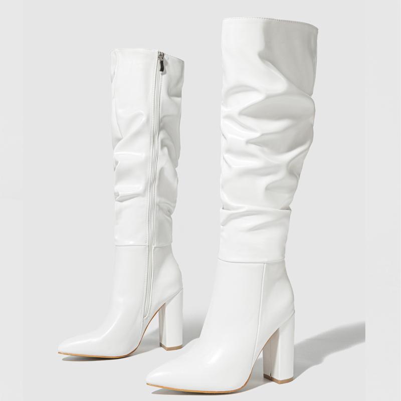

Eilyken Winter Design Pleated Knee-High Boots Women Pointed Square High Heels Booties Shoes Fashion Zipper Mujer 35