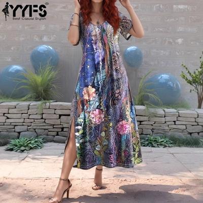 Women's Fashion Summer Spring Flower Pattern Print Short Sleeve V-Neck Loose Waistline Casual Dresses