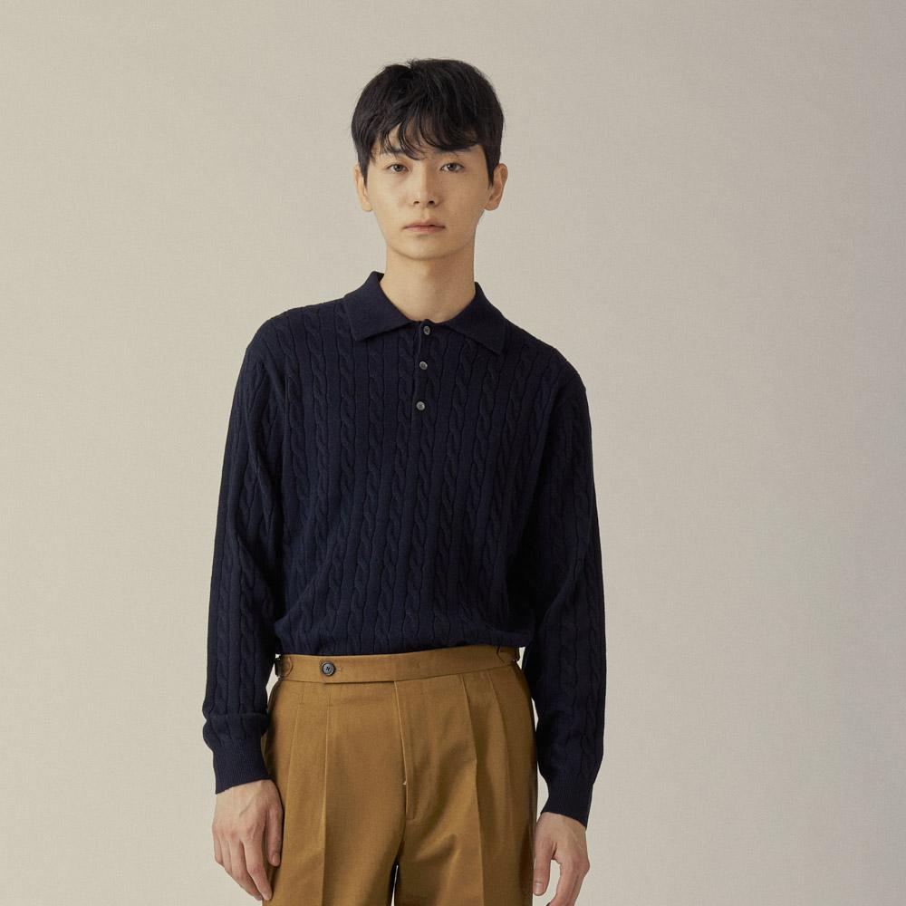 Mannergram Classic Cable Long Sleeve Collared Knit Navy M