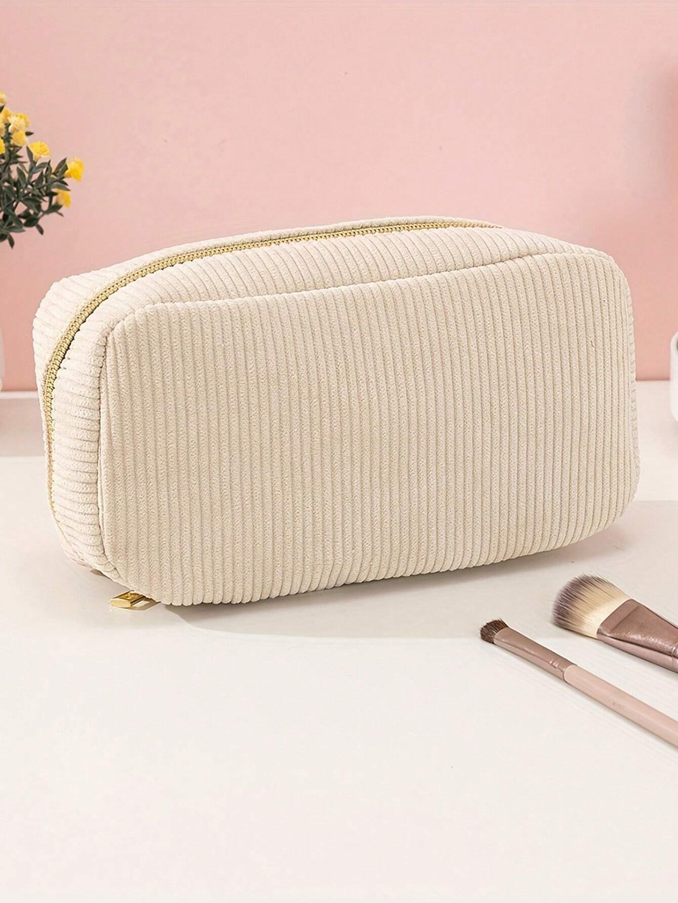 Pochette de maquillage en velours côtelé beige fluffy, trousse de toilette cosmétique pour fille, organisateur de voyage pour femmes, rangement maquillage, sac de lavage pour femme beige