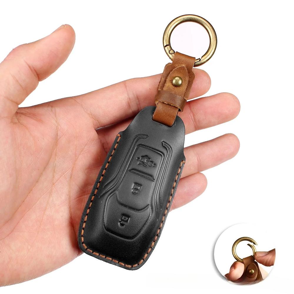 Autoschlüsselhülle, Leder-Schlüsselanhänger-Abdeckung für Ford Kuga Fiesta Focus Mondeo Ecosport & Mehr, mit Metallring